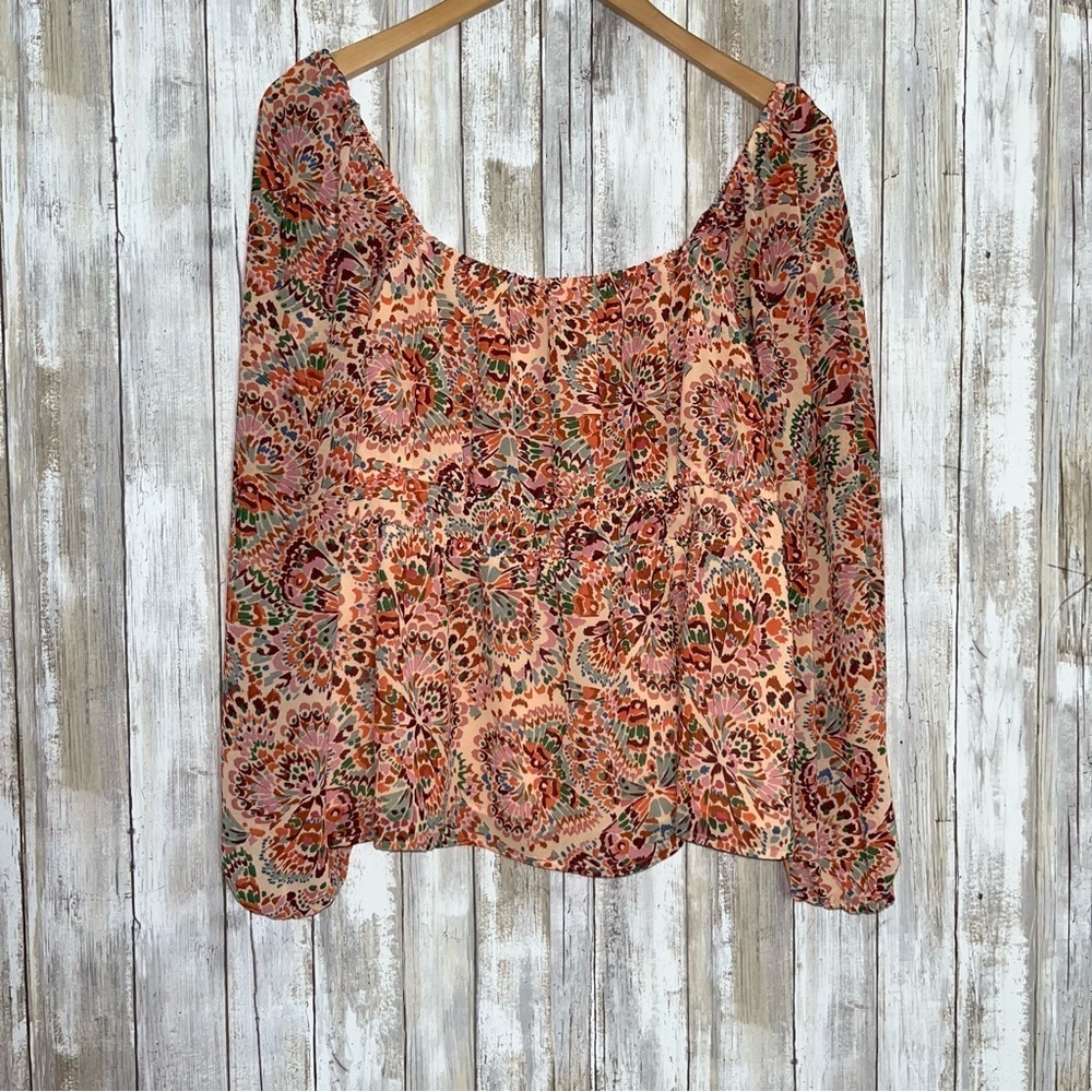 DR2 Floral Smocked Peasant Blouse Boho 3/4 Sleeve Orange Brown Large - Picture 2 of 7